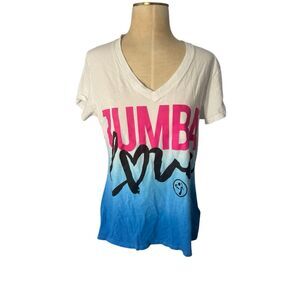 Zumba Wear Womens Ombre V-Neck Lovely Graphic T-shirt Blue White Large